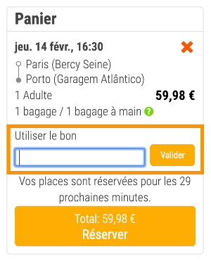 image du panier Flixbus et de l'emplacement du code promo