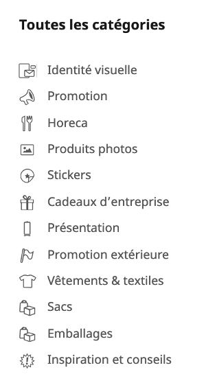 image de la liste des catégories sur Printdeal.be