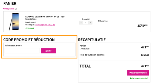 image du panier sur pixmania BE et l'encadré "code promo et réduction"