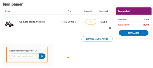 image du panier sur maxitoys.be et l'encadré "code promo"