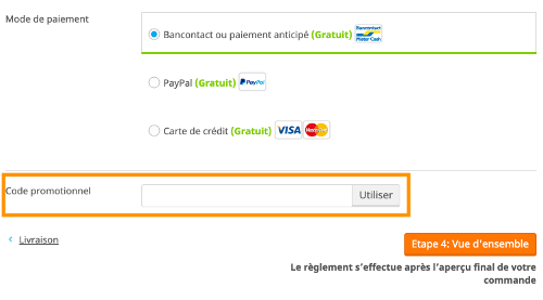 image de l'étape de paiement avec l'encart code promotionnel sur printdeal BE