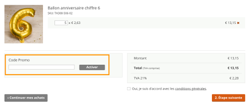 image du champ code promo dans le panier sur Tadaaz