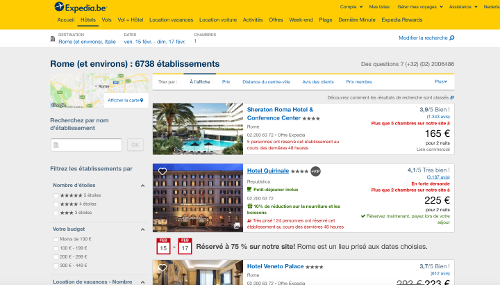 page d'une liste d'hôtels sur Expedia Belgique