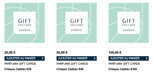 image des chèques cadeaux de 20 à 100€ sur parfuma.com