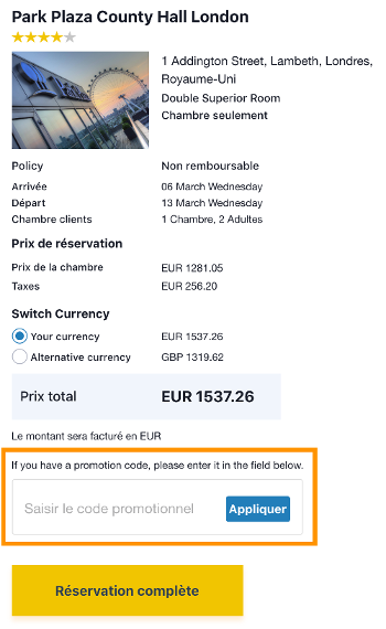 image du panier sur otel.com avec la case "code promo"