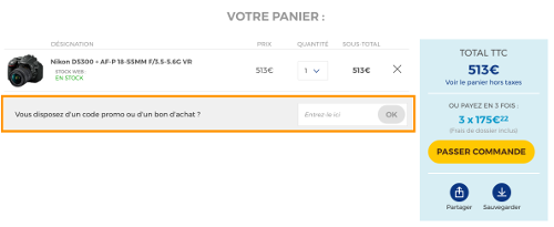 image du panier et de l'encadré code promo sur LDLC